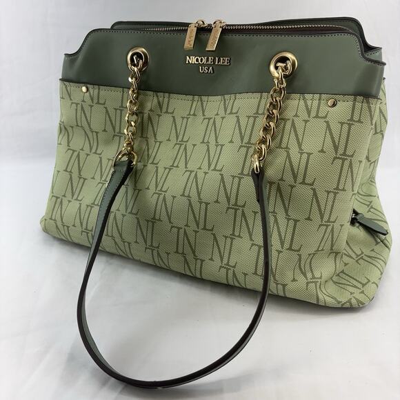 Nicole Lee Handbags - Nicole Lee Monogrammed Satchel Faux Vegan Sage Green Leather